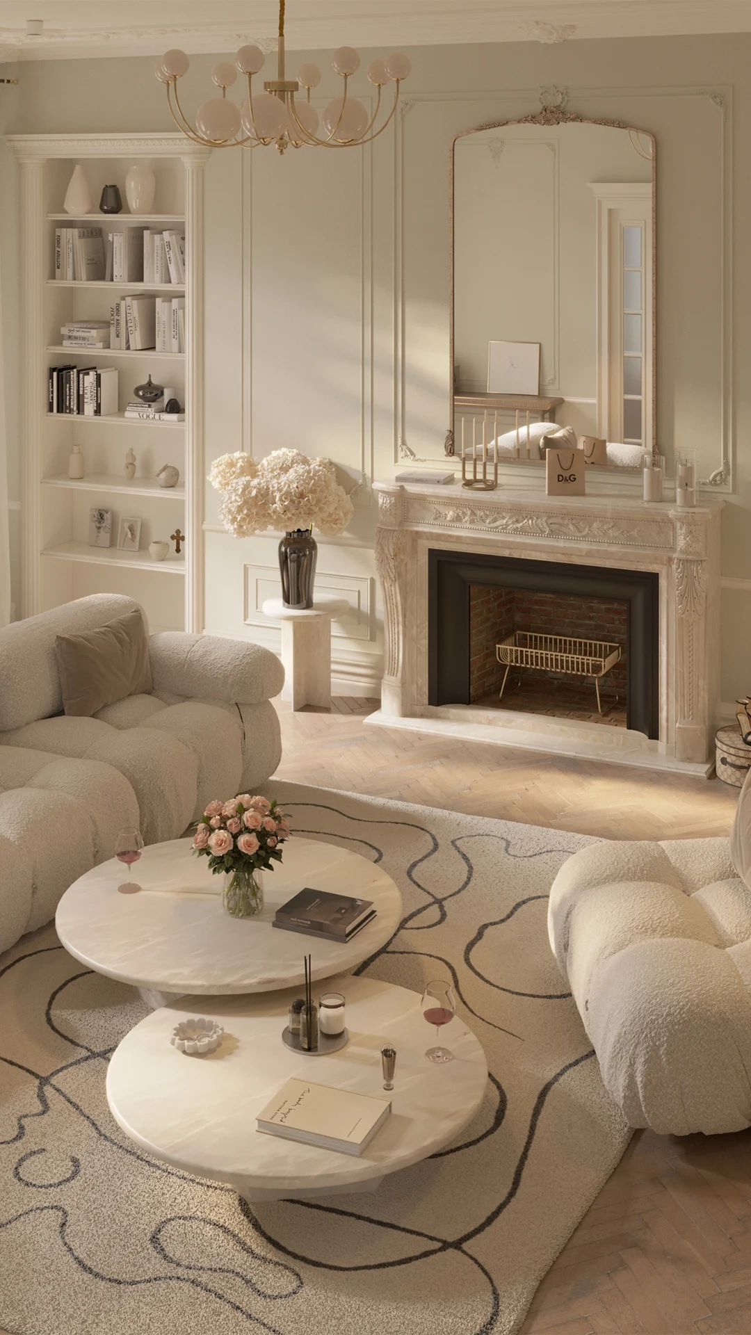 Serene living room with boucle sofas, abstract rug, and marble fireplace – soft beige palette with rose centerpiece and golden morning light – Maison Révèle aesthetic.