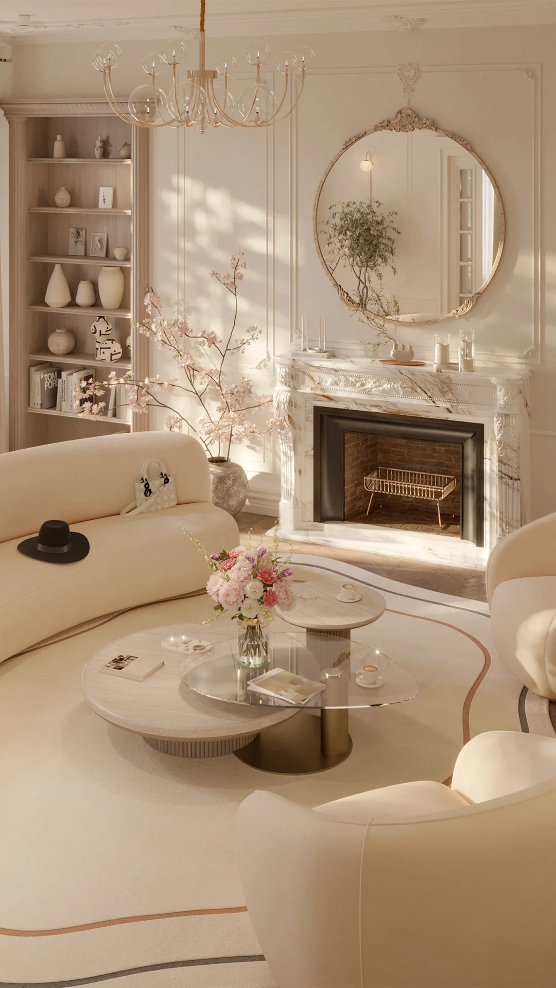Elegant blush-toned living room with curved furniture, marble fireplace, and round mirror – soft morning light highlights floral arrangements and sculptural details – Maison Révèle style.